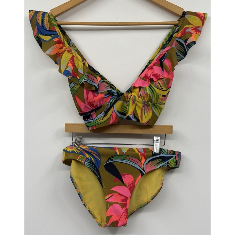 Aerie Ruffle Longline Triangle Top Bikini Bottoms Set Tropical Heirloom SZ SM